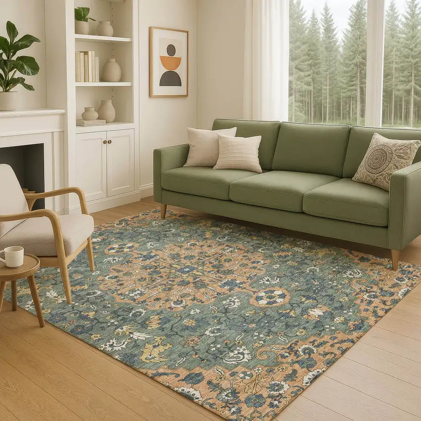 Copper And Sage Floral Medallion Washable Indoor Outdoor Area Rug Photo 5
