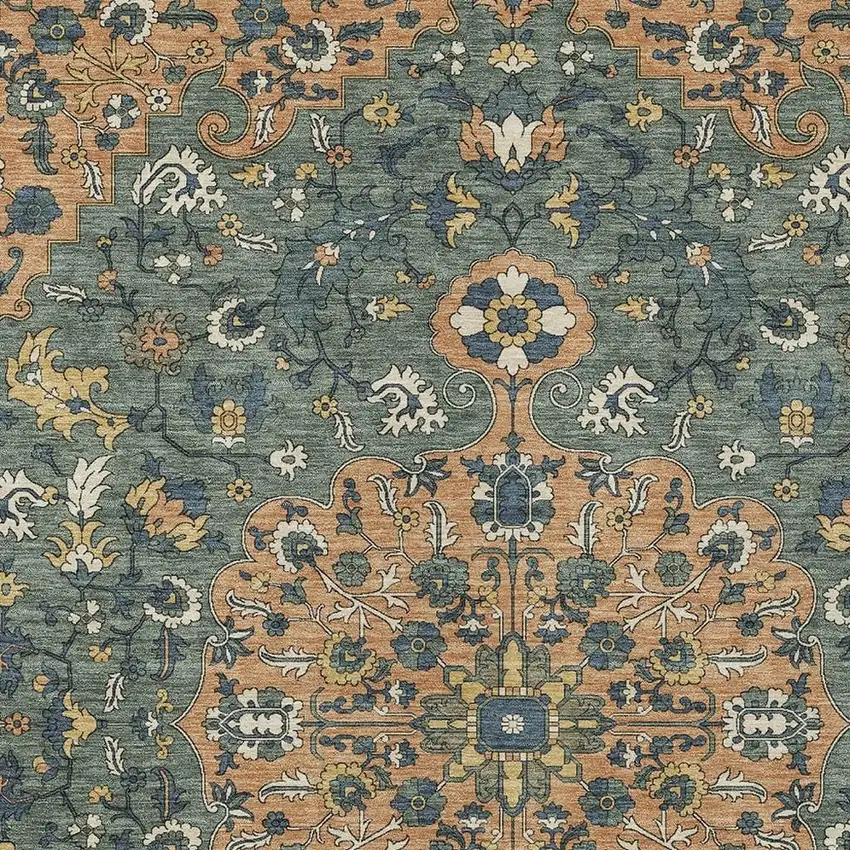 Copper And Sage Floral Medallion Washable Indoor Outdoor Area Rug Photo 2