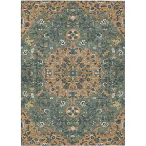 Photo of Copper And Sage Floral Medallion Washable Indoor Outdoor Area Rug