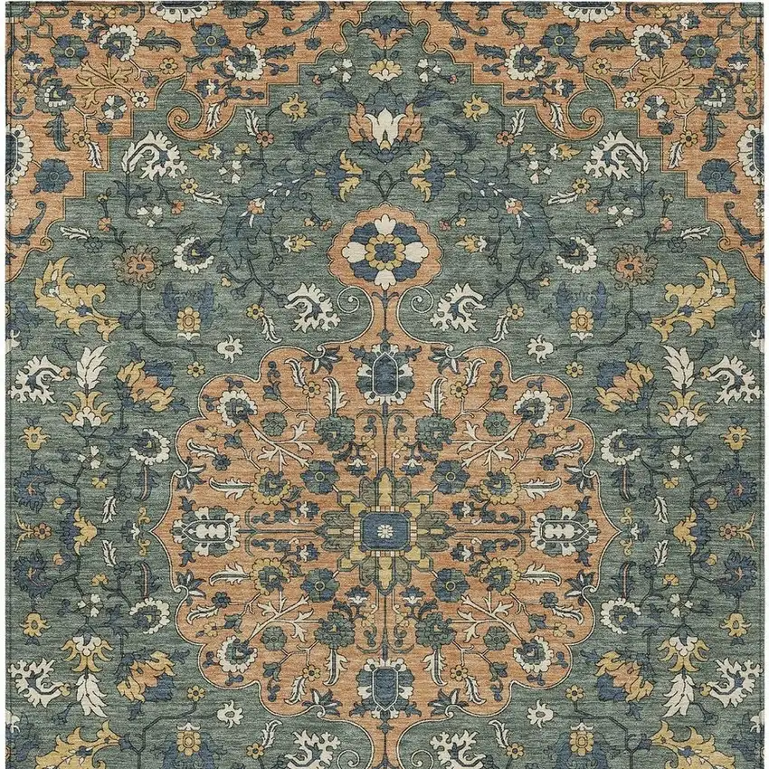 Copper And Sage Floral Medallion Washable Indoor Outdoor Area Rug Photo 3
