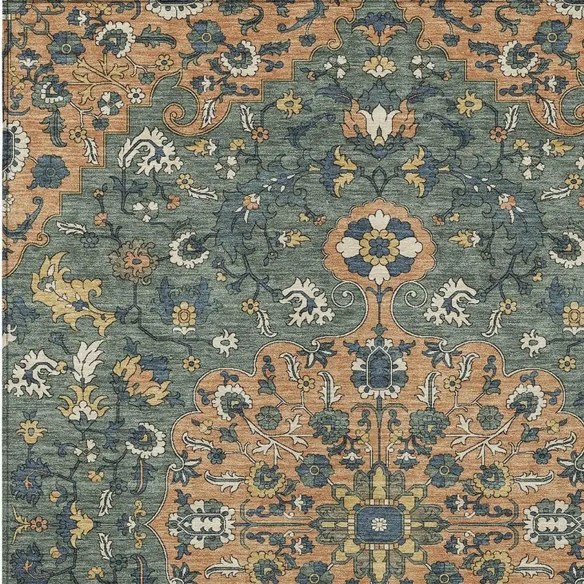 Copper And Sage Floral Medallion Washable Indoor Outdoor Area Rug Photo 2