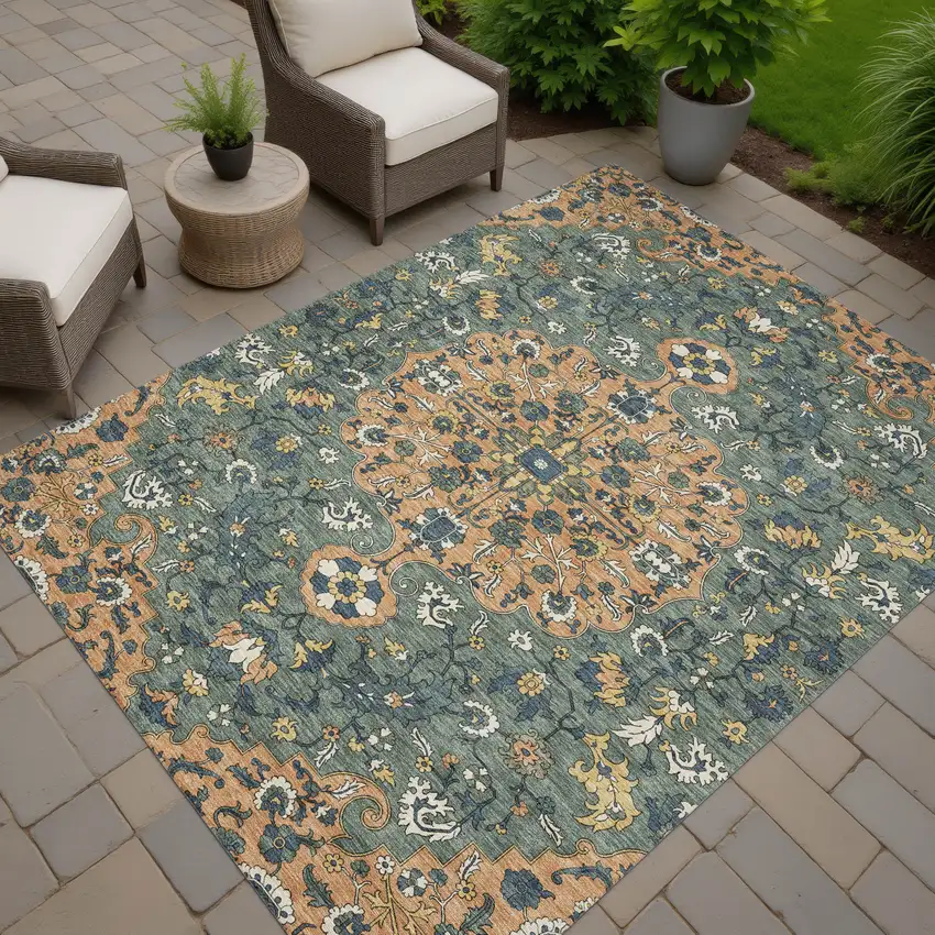 Copper And Sage Floral Medallion Washable Indoor Outdoor Area Rug Photo 7