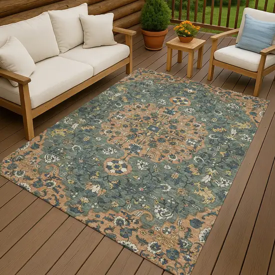 Copper And Sage Floral Medallion Washable Indoor Outdoor Area Rug Photo 4