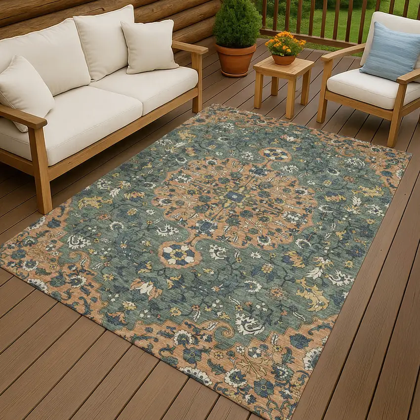 Copper And Sage Floral Medallion Washable Indoor Outdoor Area Rug Photo 4