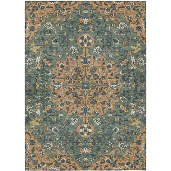 Copper And Sage Floral Medallion Washable Indoor Outdoor Area Rug Photo 1