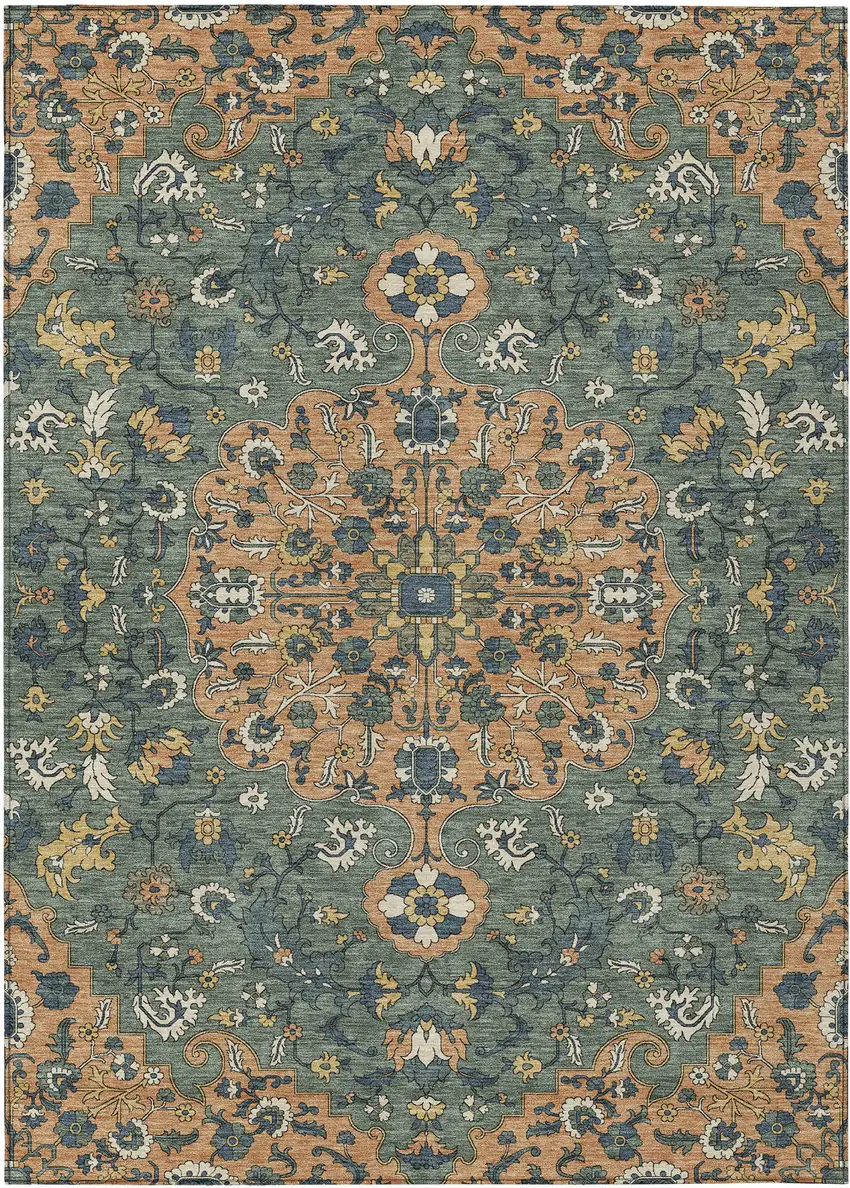 Copper And Sage Floral Medallion Washable Indoor Outdoor Area Rug Photo 1