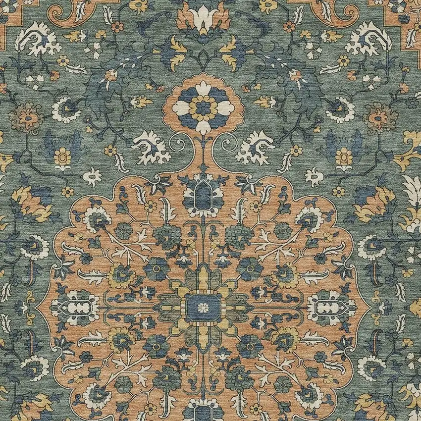 Copper And Sage Floral Medallion Washable Indoor Outdoor Area Rug Photo 2