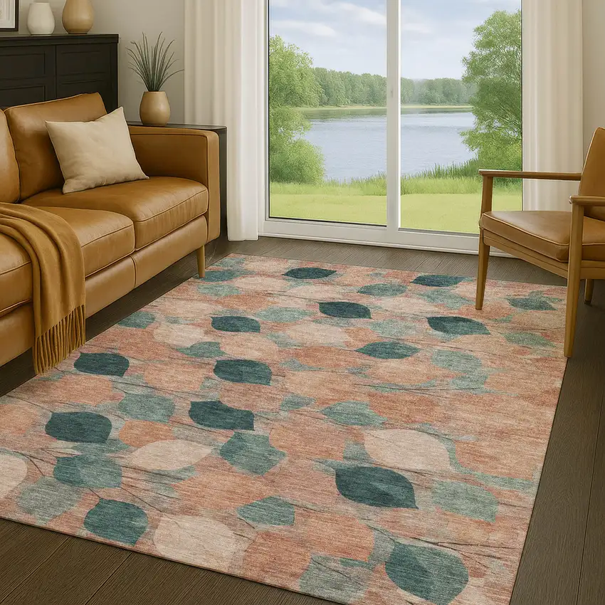 Copper And Salmon Floral Washable Indoor Outdoor Area Rug Photo 5