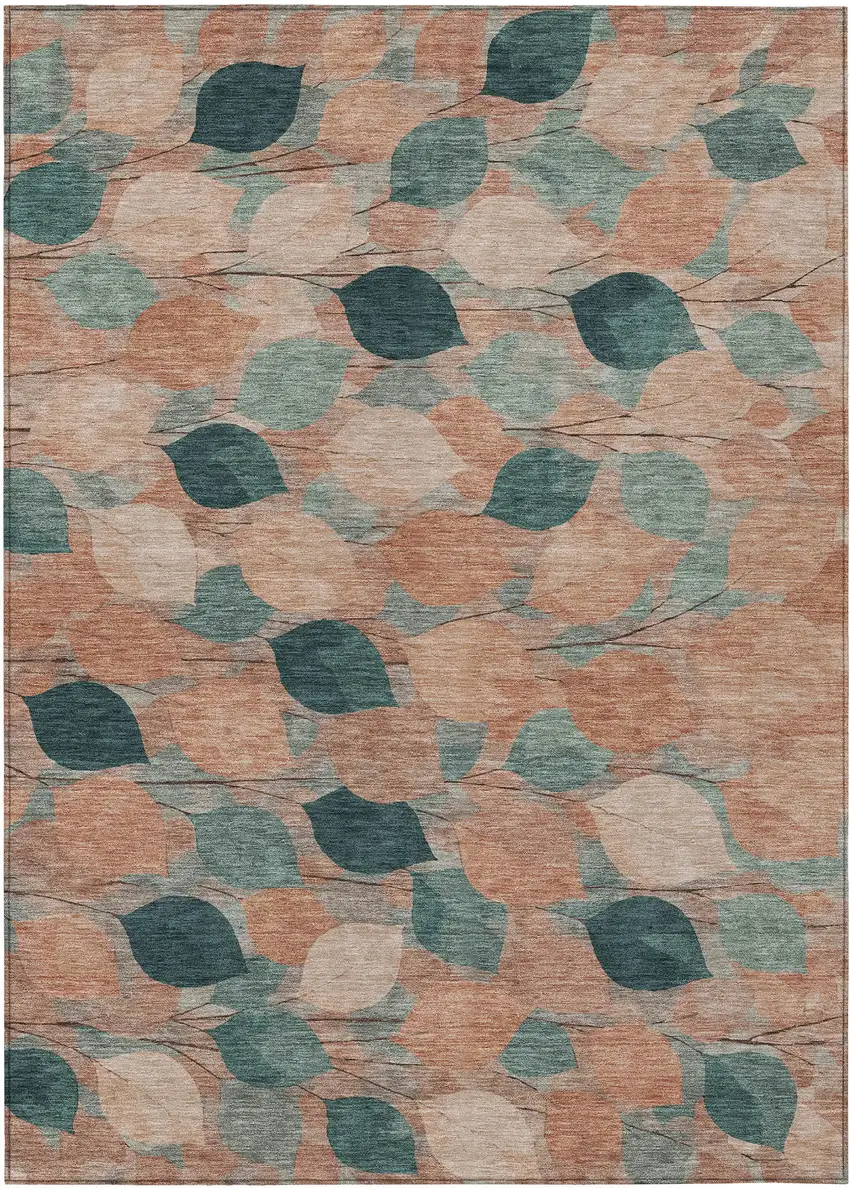 Copper And Salmon Floral Washable Indoor Outdoor Area Rug Photo 1