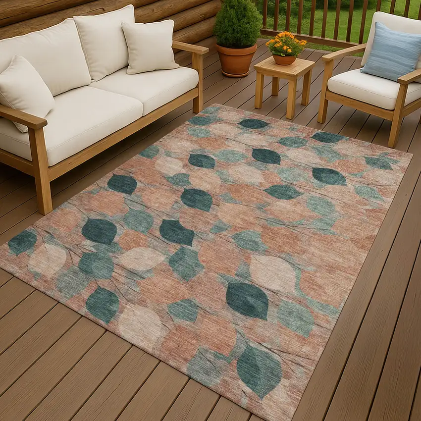Copper And Salmon Floral Washable Indoor Outdoor Area Rug Photo 4