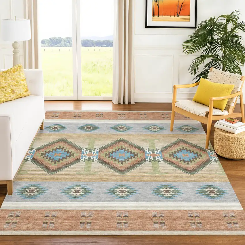 Copper And Silver Southwestern Washable Indoor Outdoor Area Rug Photo 6