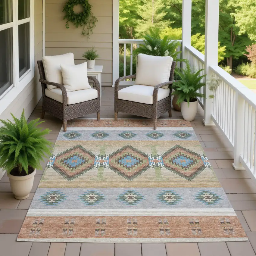 Copper And Silver Southwestern Washable Indoor Outdoor Area Rug Photo 7