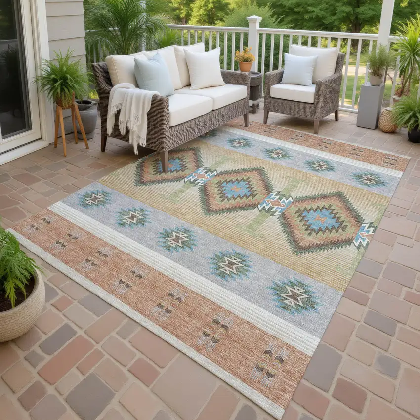 Copper And Silver Southwestern Washable Indoor Outdoor Area Rug Photo 4