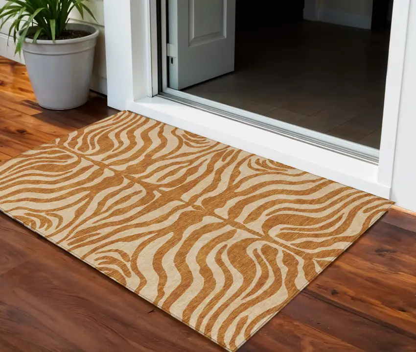 Copper And Tan Animal Print Washable Indoor Outdoor Area Rug Photo 1