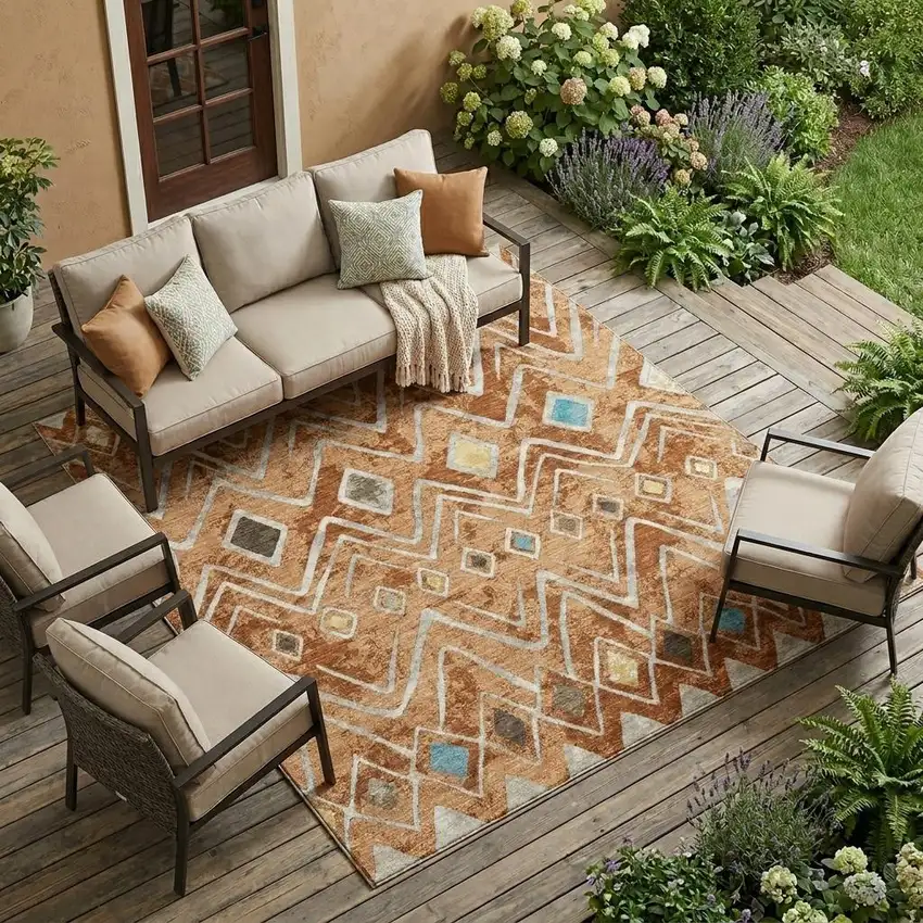 Copper And Taupe Geometric Washable Indoor Outdoor Area Rug Photo 1