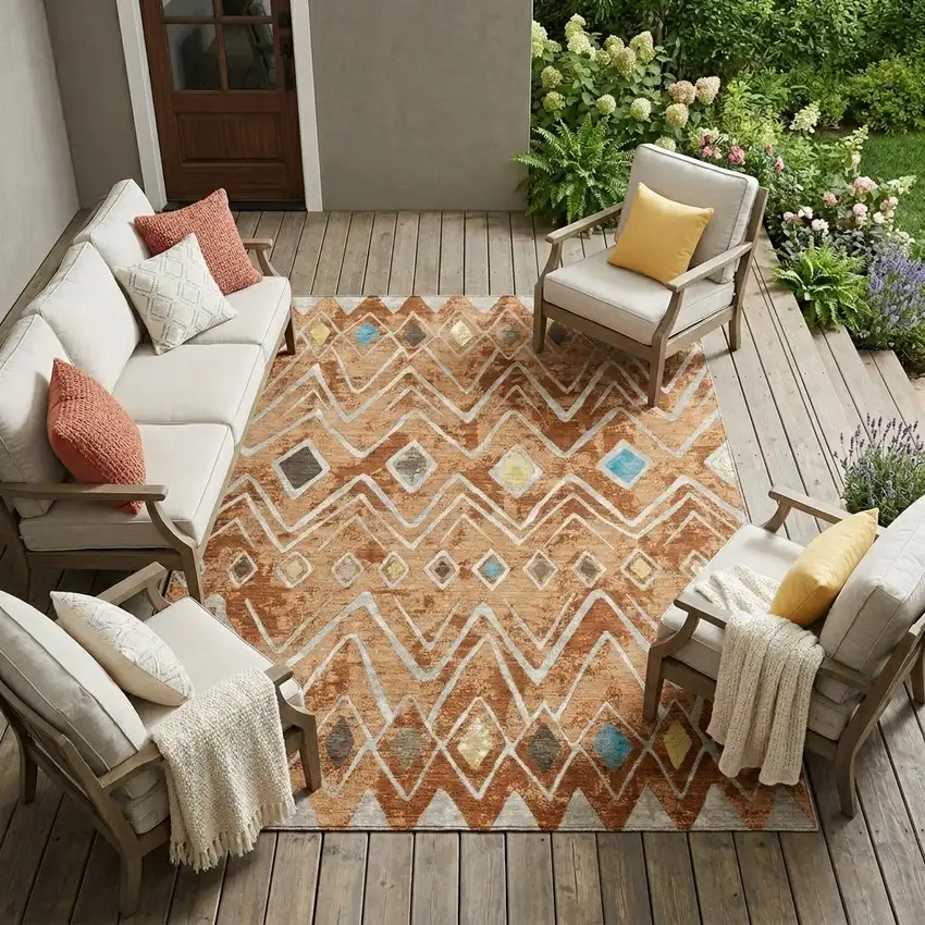 Copper And Taupe Geometric Washable Indoor Outdoor Area Rug Photo 1