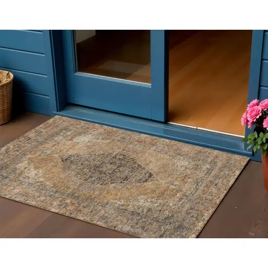 Copper And Taupe Medallion Washable Indoor Outdoor Area Rug Photo 2