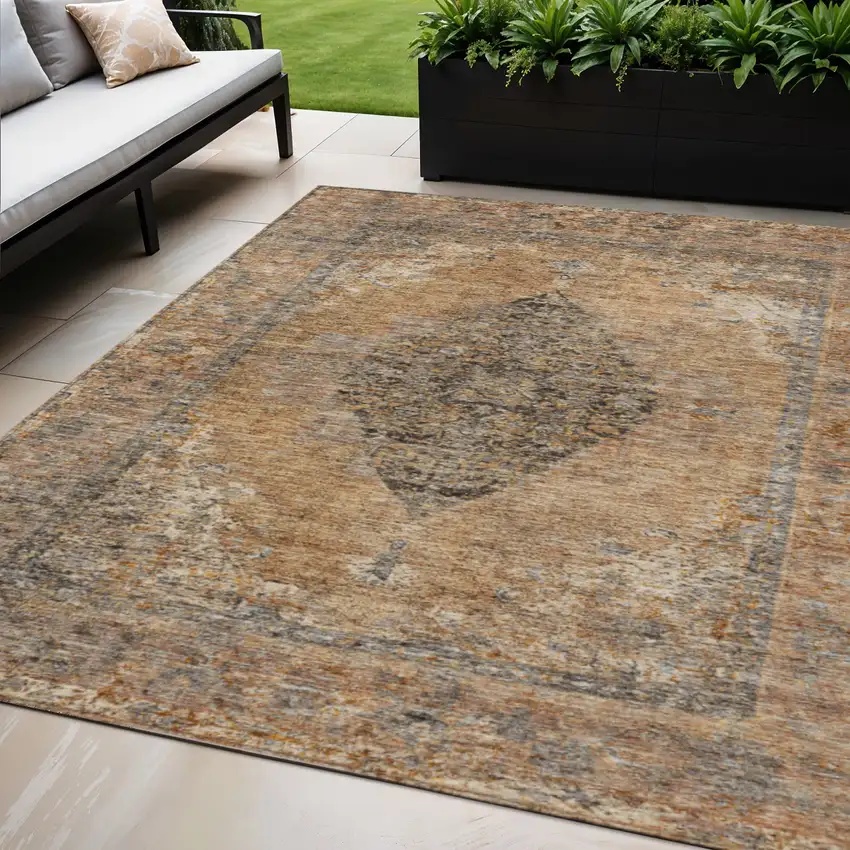 Copper And Taupe Medallion Washable Indoor Outdoor Area Rug Photo 2