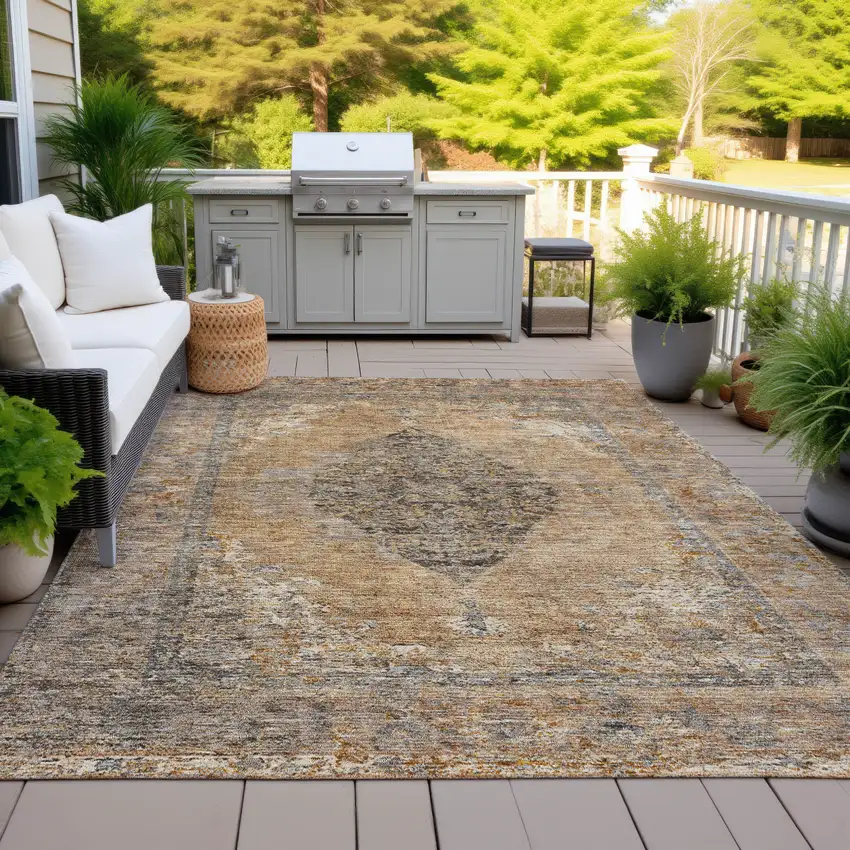 Copper And Taupe Medallion Washable Indoor Outdoor Area Rug Photo 6