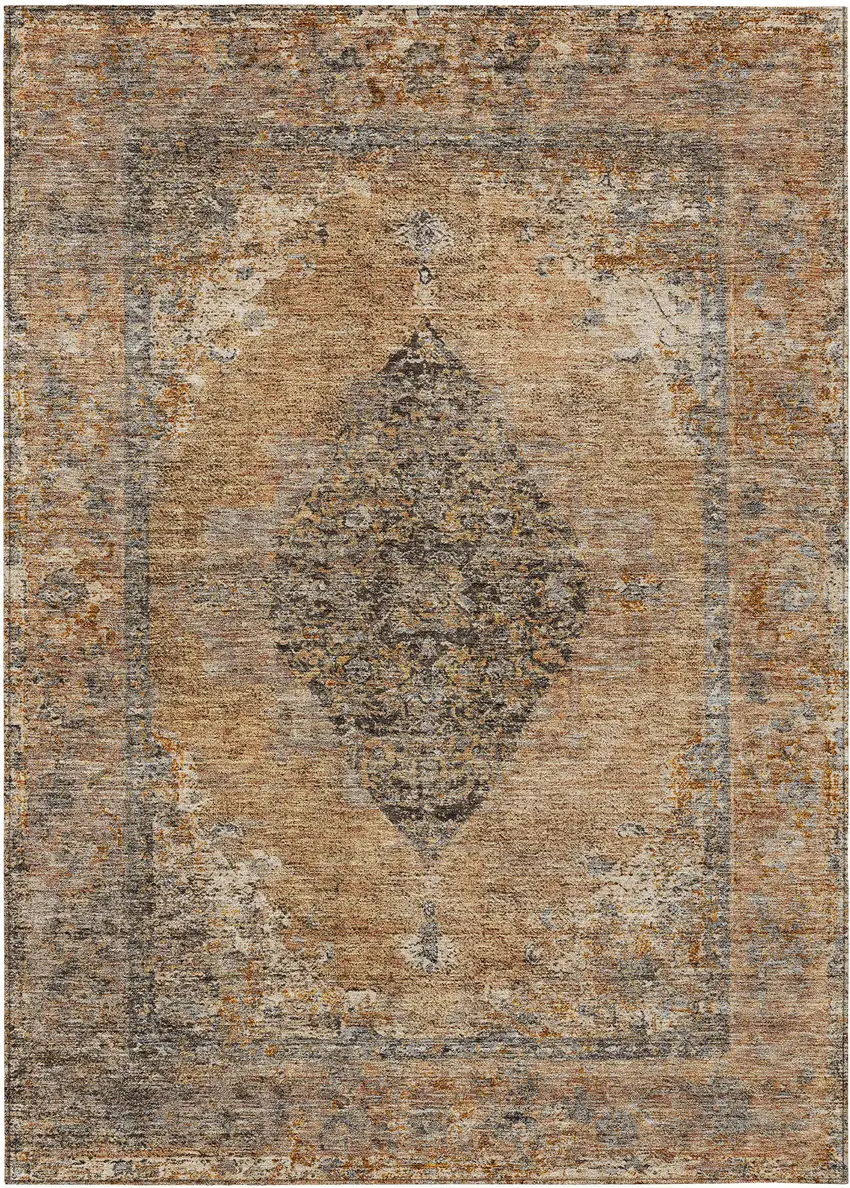 Copper And Taupe Medallion Washable Indoor Outdoor Area Rug Photo 1