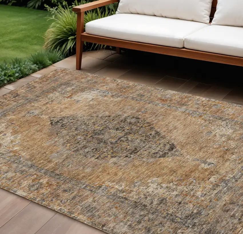 Copper And Taupe Medallion Washable Indoor Outdoor Area Rug Photo 2