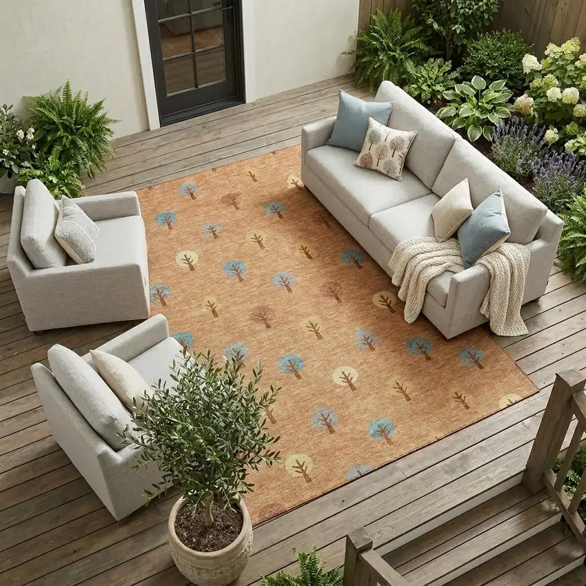 Copper And Teal Blue Geometric Washable Indoor Outdoor Area Rug Photo 1