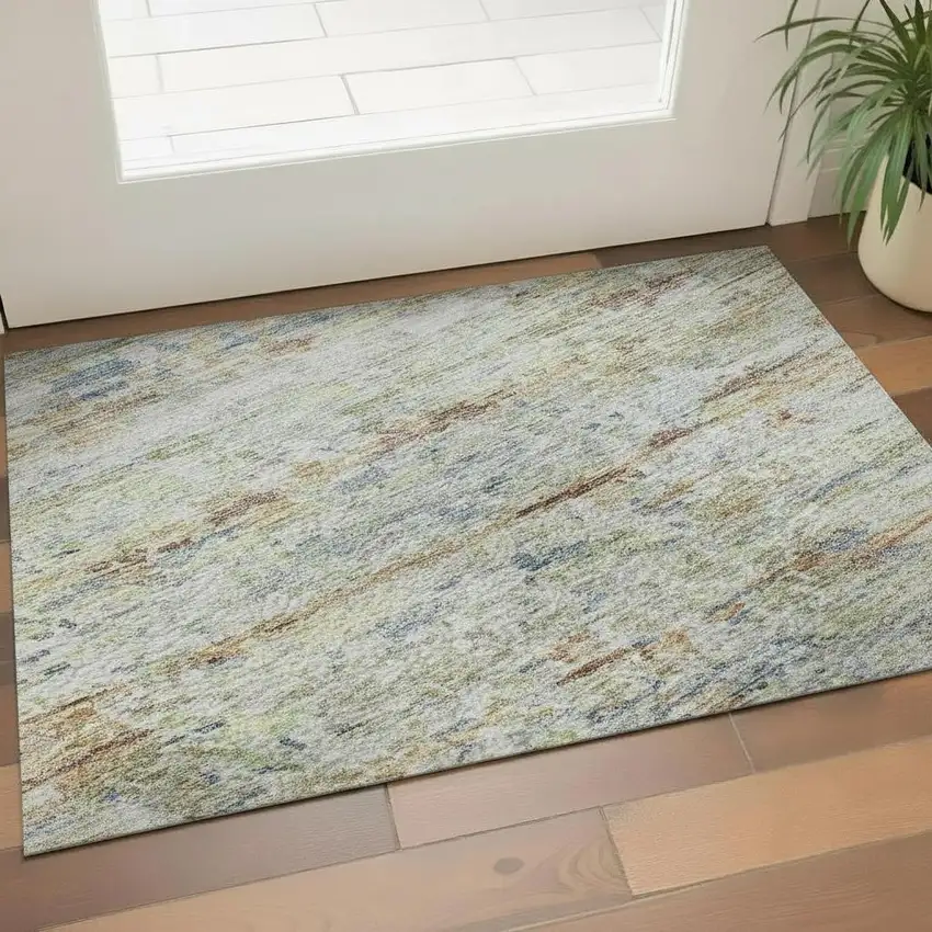 Copper Beige And Blue Striped Washable Area Rug With UV Protection Photo 2