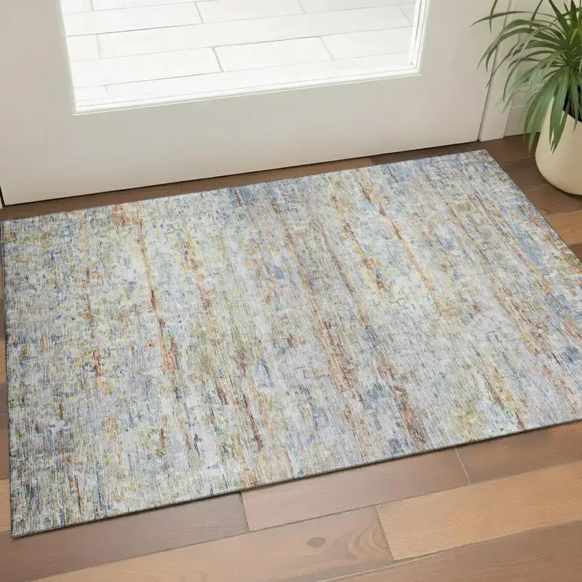 Copper Beige And Blue Striped Washable Area Rug With UV Protection Photo 1