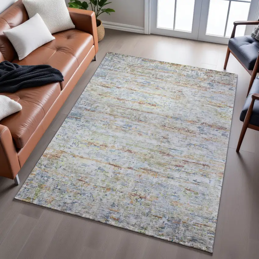 Copper Beige And Blue Striped Washable Area Rug With UV Protection Photo 4