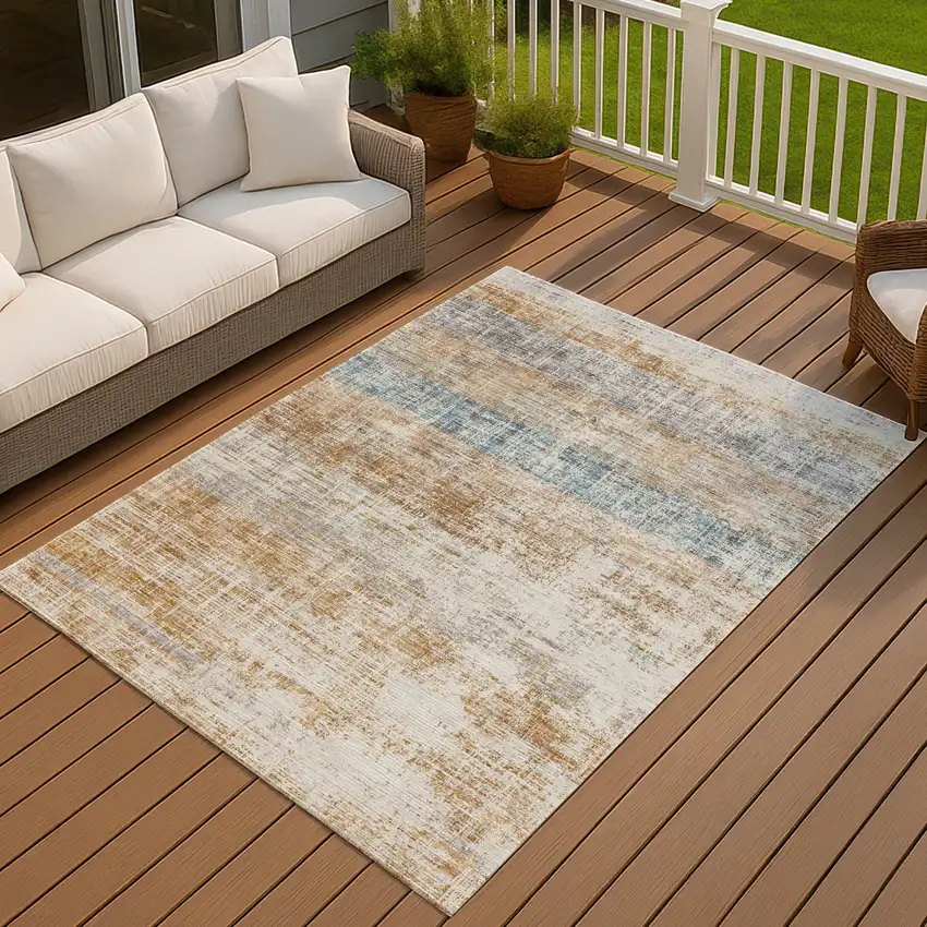 Copper Beige And Blue Striped Washable Indoor Outdoor Area Rug Photo 3