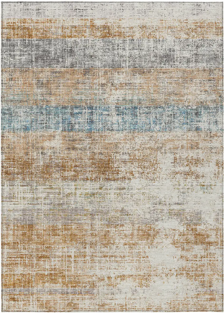 Copper Beige And Blue Striped Washable Indoor Outdoor Area Rug Photo 8
