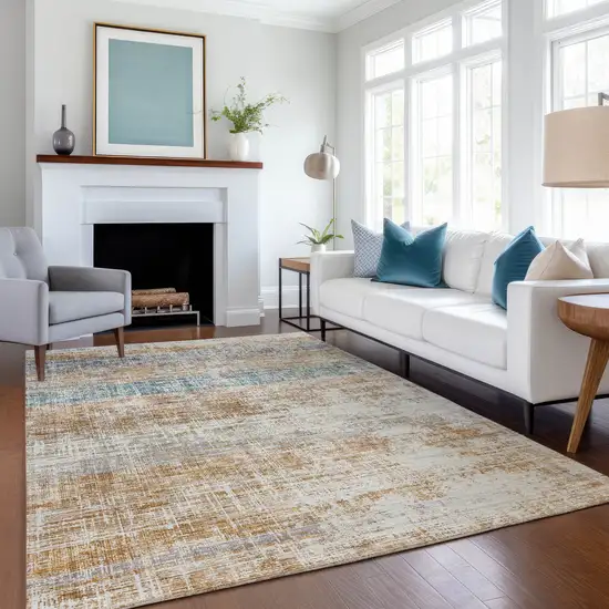 Copper Beige And Blue Striped Washable Indoor Outdoor Area Rug Photo 4