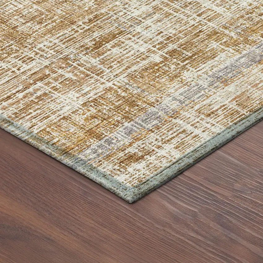 Copper Beige And Blue Striped Washable Indoor Outdoor Area Rug Photo 9