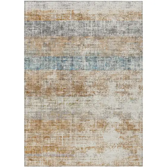 Copper Beige And Blue Striped Washable Indoor Outdoor Area Rug Photo 7