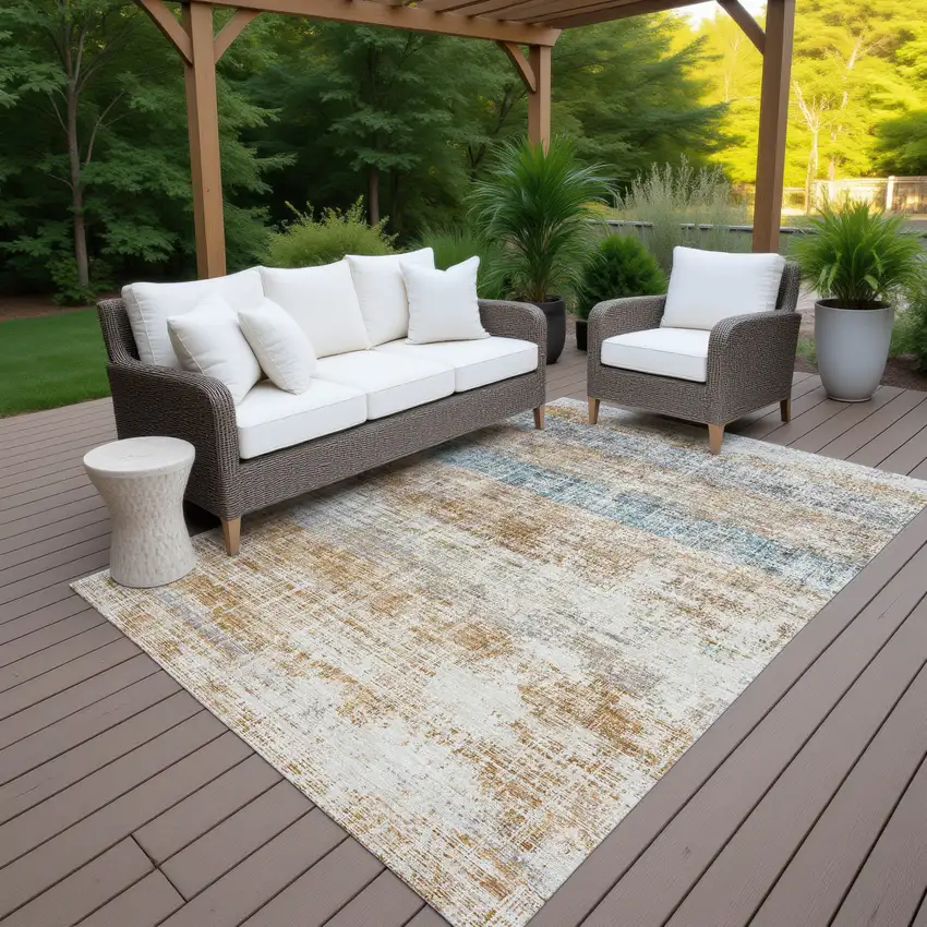 Copper Beige And Blue Striped Washable Indoor Outdoor Area Rug Photo 5