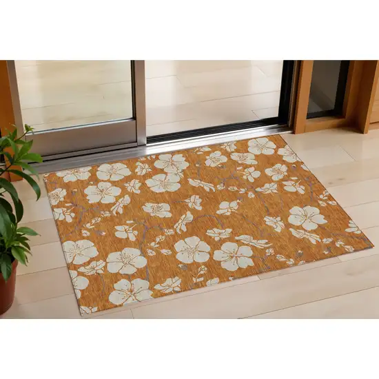 Copper Beige And Brown Floral Washable Indoor Outdoor Area Rug Photo 1