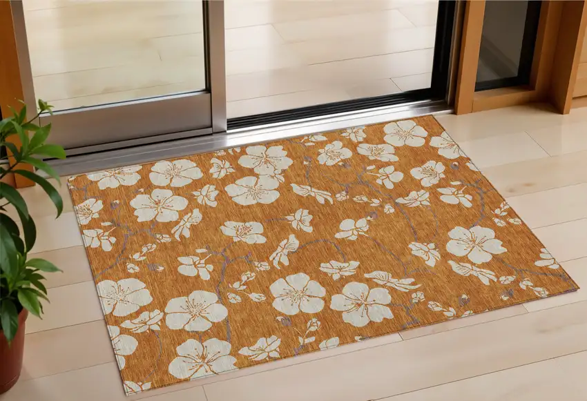 Copper Beige And Brown Floral Washable Indoor Outdoor Area Rug Photo 1
