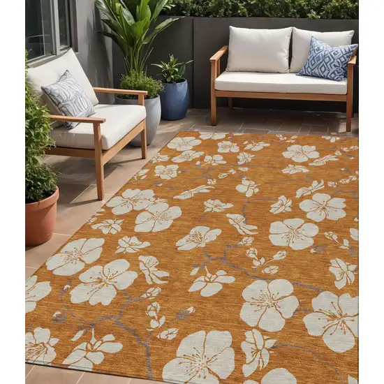 Copper Beige And Brown Floral Washable Indoor Outdoor Area Rug Photo 1