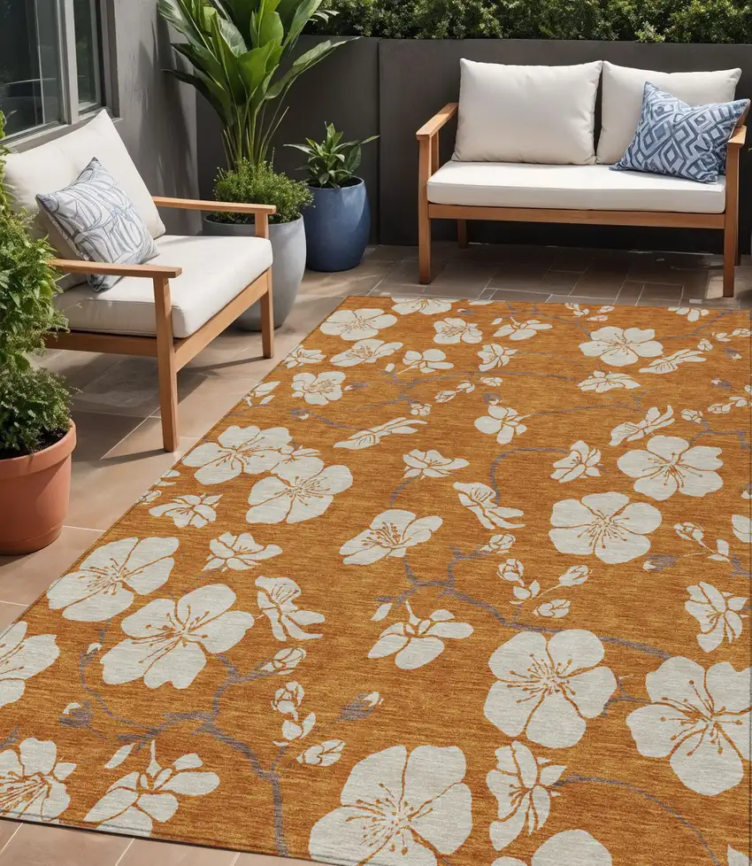 Copper Beige And Brown Floral Washable Indoor Outdoor Area Rug Photo 1