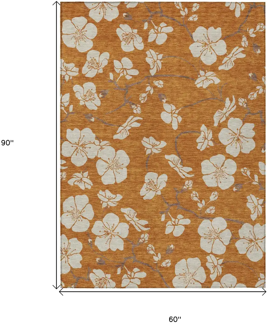 Copper Beige And Brown Floral Washable Indoor Outdoor Area Rug Photo 3