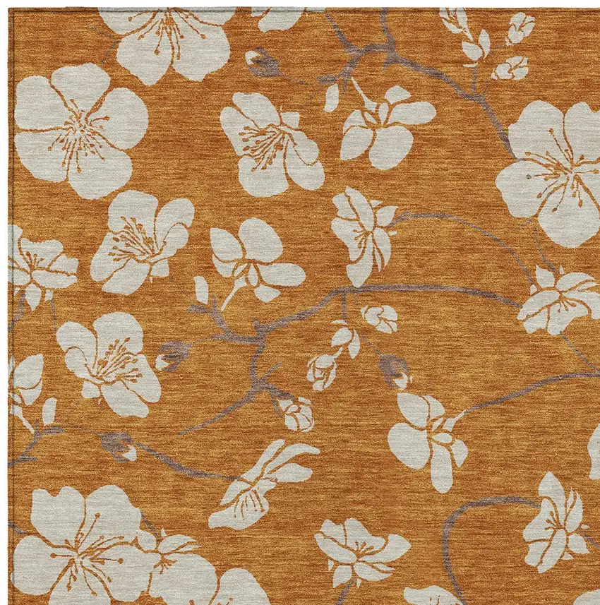 Copper Beige And Brown Floral Washable Indoor Outdoor Area Rug Photo 7