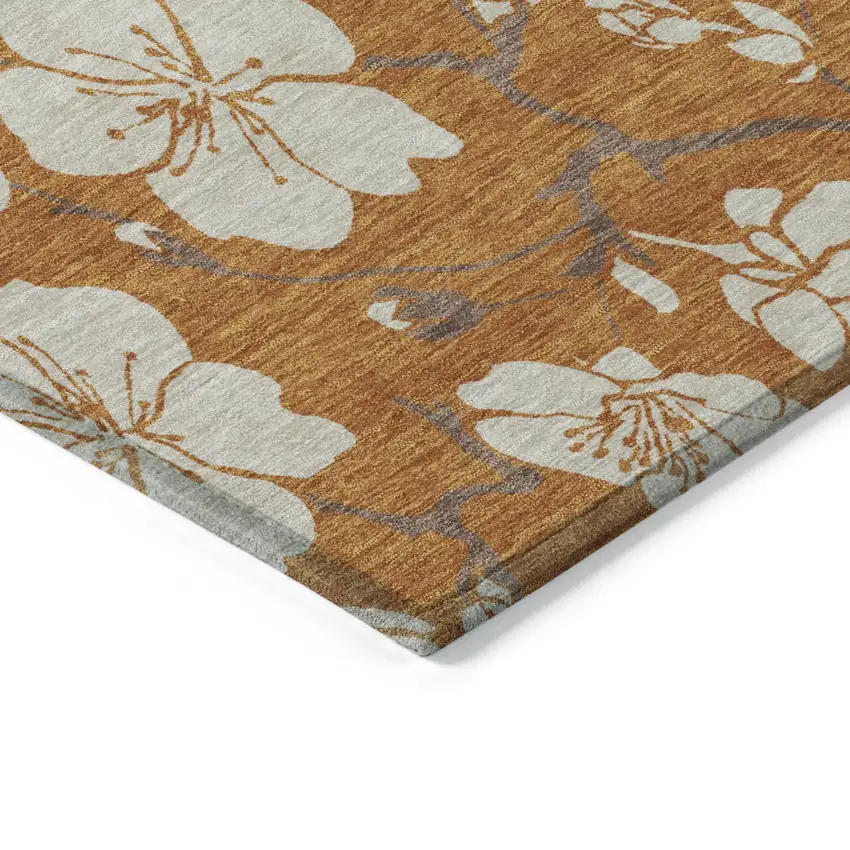 Copper Beige And Brown Floral Washable Indoor Outdoor Area Rug Photo 5