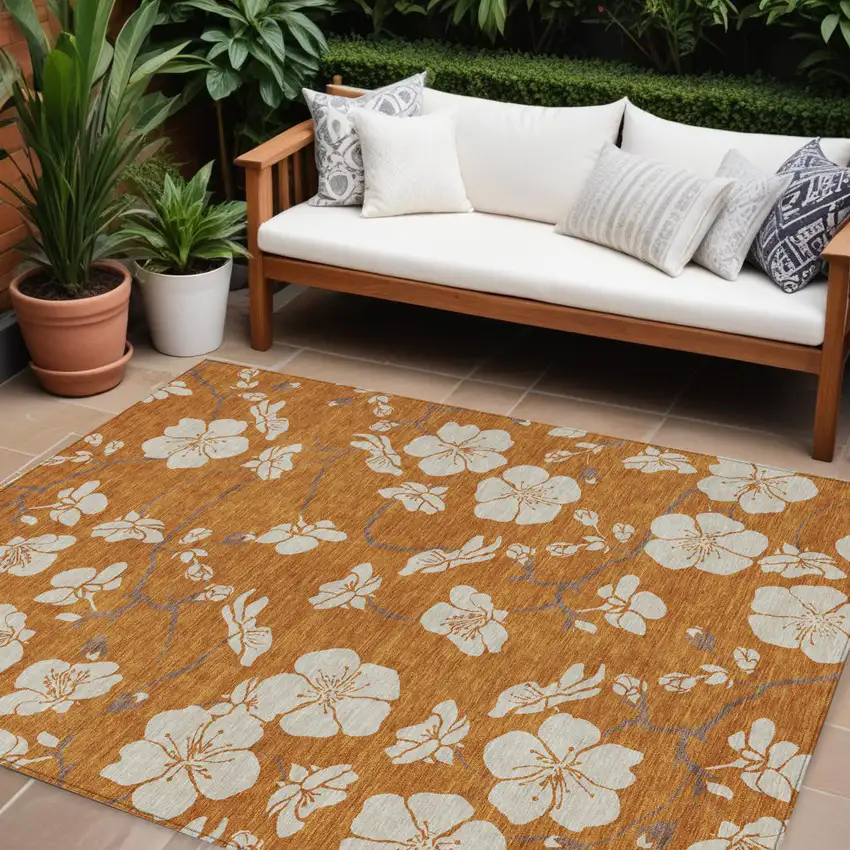 Copper Beige And Brown Floral Washable Indoor Outdoor Area Rug Photo 1