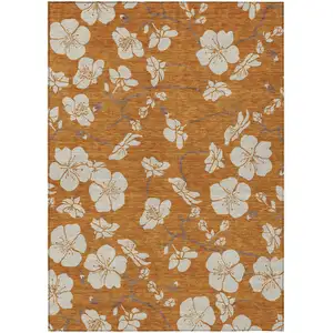 Photo of Copper Beige And Brown Floral Washable Indoor Outdoor Area Rug