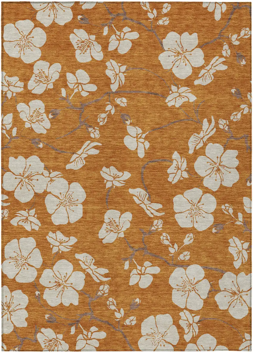 Copper Beige And Brown Floral Washable Indoor Outdoor Area Rug Photo 2