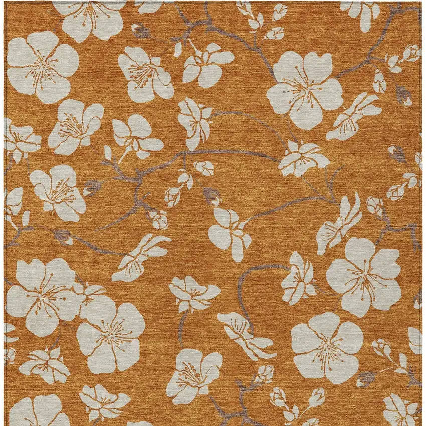 Copper Beige And Brown Floral Washable Indoor Outdoor Area Rug Photo 8