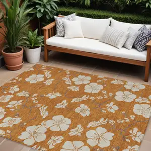 Photo of Copper Beige And Brown Floral Washable Indoor Outdoor Area Rug