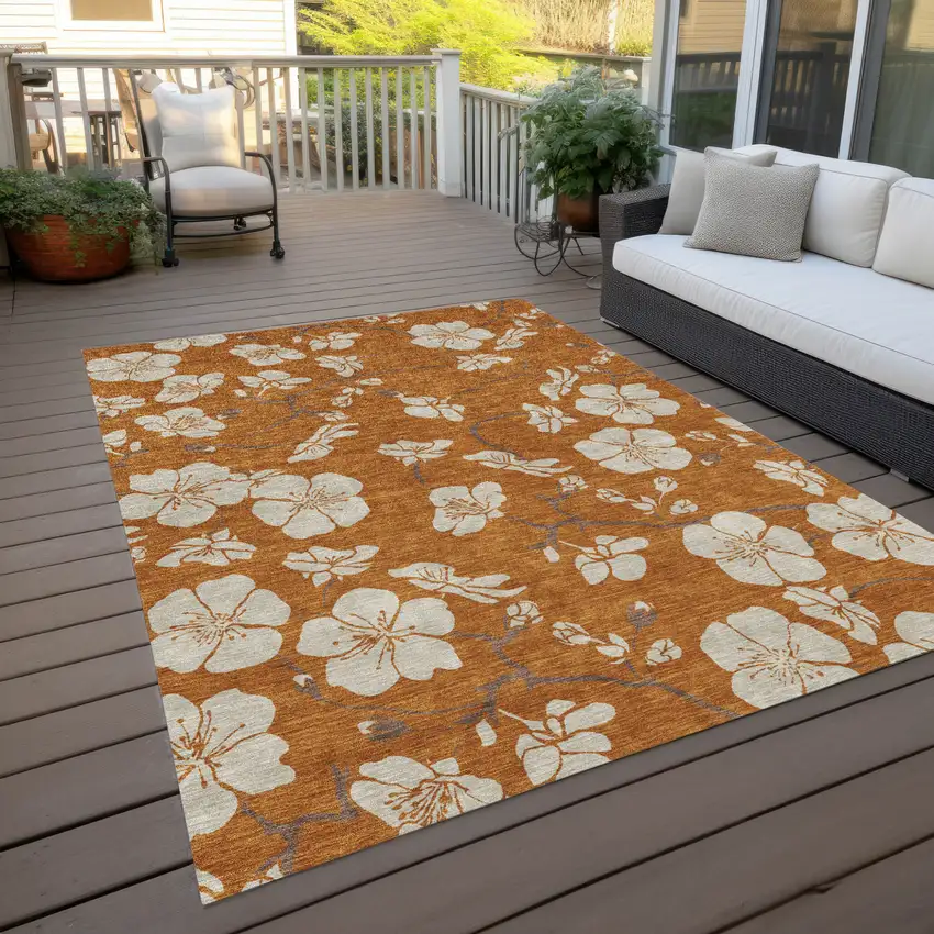 Copper Beige And Brown Floral Washable Indoor Outdoor Area Rug Photo 9
