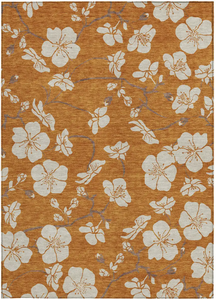 Copper Beige And Brown Floral Washable Indoor Outdoor Area Rug Photo 8