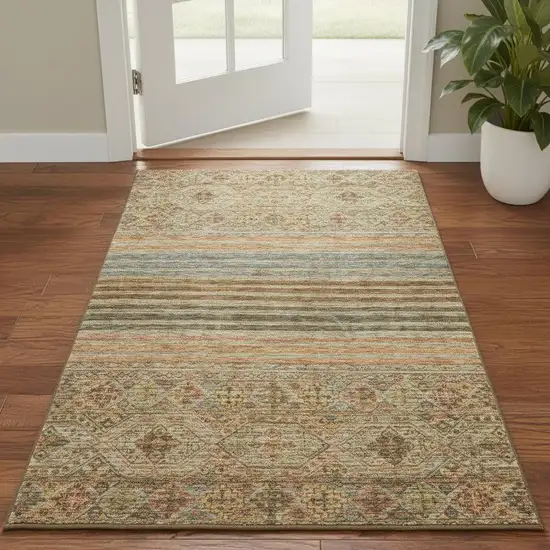 Copper Beige And Brown Striped Washable Area Rug With UV Protection Photo 2